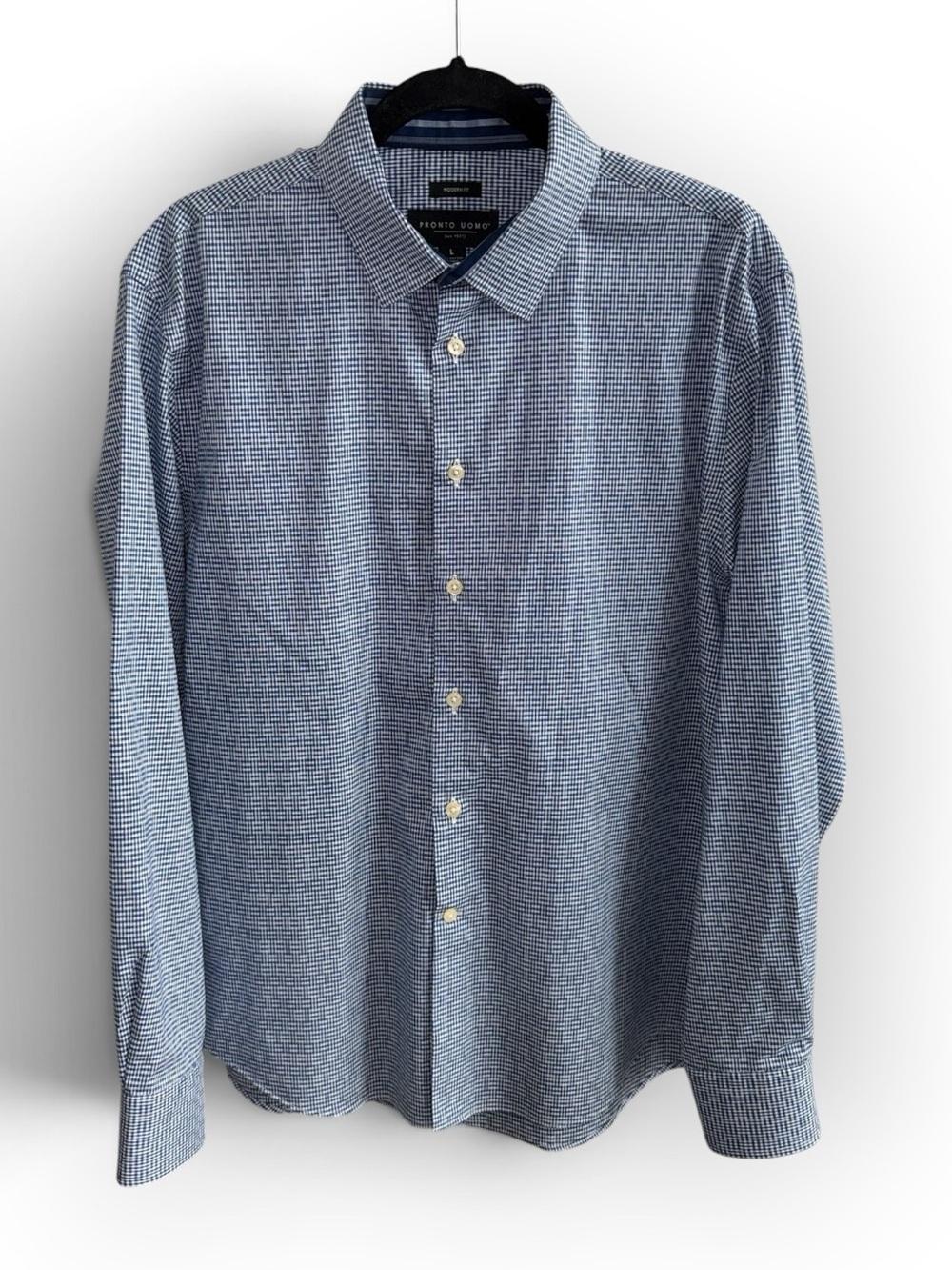 Pronto Uomo Modern Fit Blue Geometric Stretch Dress Shirt Men’s Size Large EUC